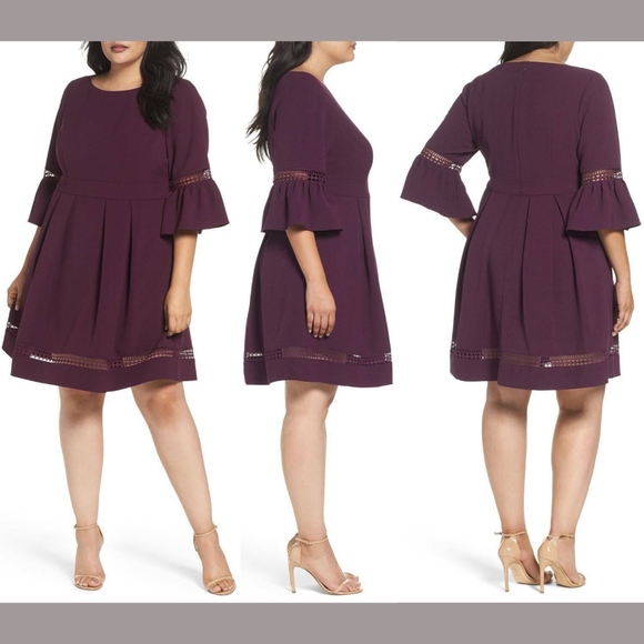 NEW Eliza J Bell Sleeve Fit & Flare Dress‎ in Plum Purple [ PLUS SZ 20W ] - Picture 1 of 7